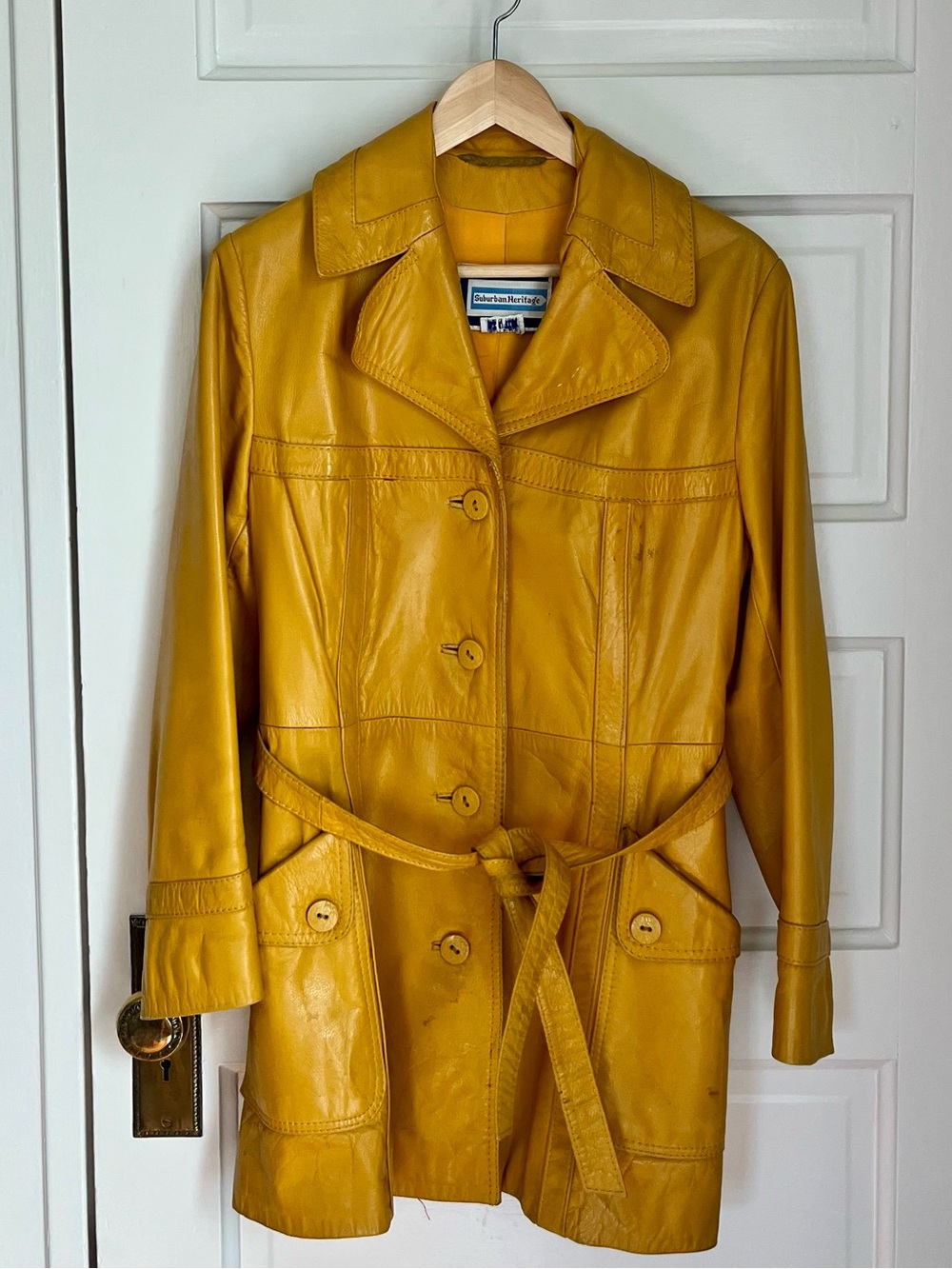 Vintage Mustard Yellow Leather Belted Trench Coat